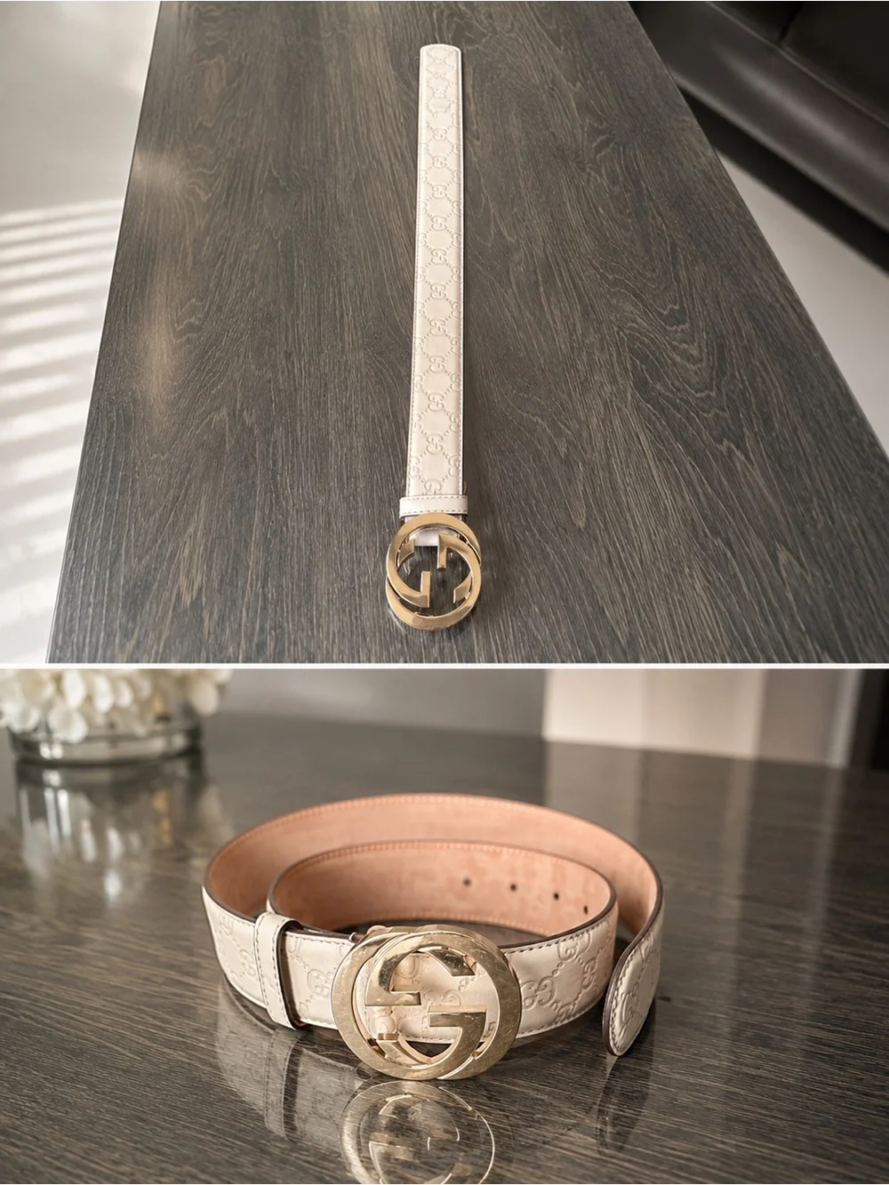 Authentic Gucci Cream GG Monogram Leather Belt with Gold Double G Buckle Gucci GG Supreme Monogram Matte Plutone Calfskin Double G  main image 2